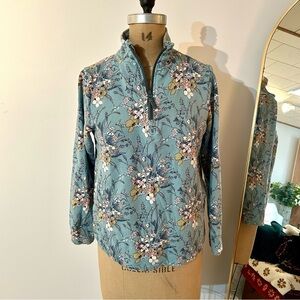Vera Bradley Sunlit Garden Sage Green Floral Terry 1/4 Zip Pullover Sz S